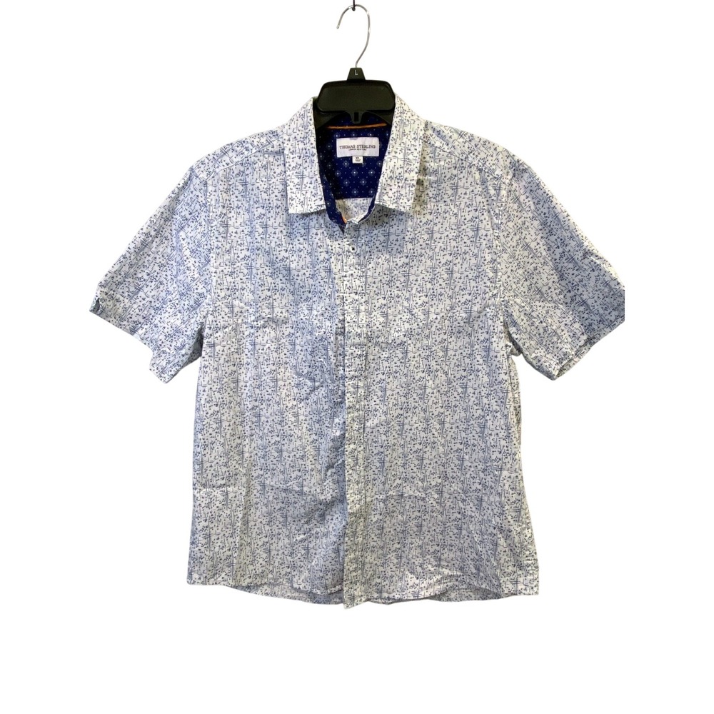 THOMAS‎ STERLING Mens XL Short Sleeve Button Down Shirt White Blue Print Casual
